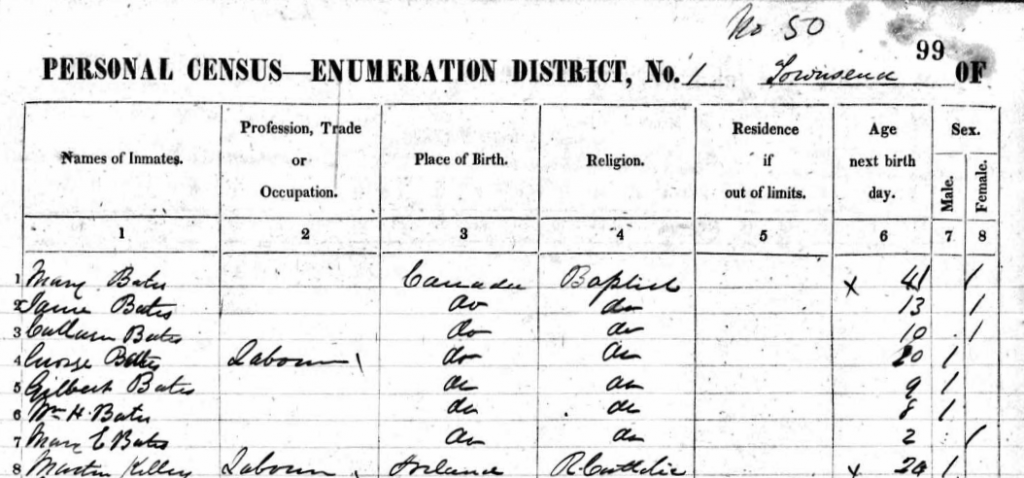 Children of Mary Udell Bates in 1851/52 Canada West Census