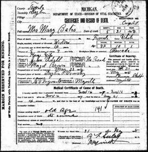 Death Certificate for Mary Bates, Courtesy of Ancestry.com